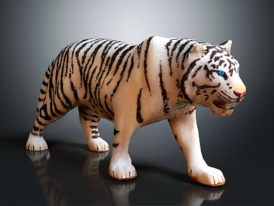 Realistic White Tiger Figure With Black Stripes And Blue Eyes In Standing Pose 3d model