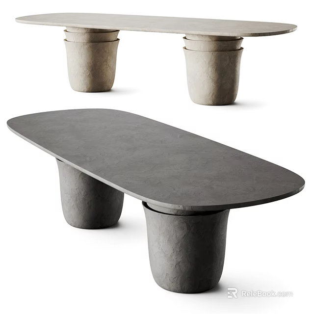 Modern Concrete Oval Coffee Table With Cylindrical Legs And Stacked Planters 3d model 