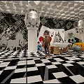 Artistic Interior Space With Black And White Checkerboard Floor Geometric Ceiling And Clock Decorations