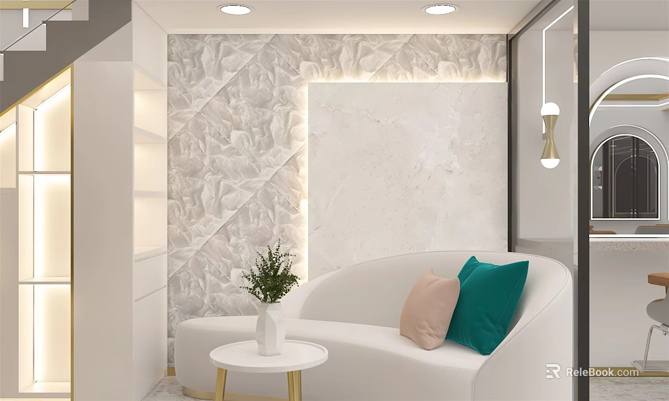 Luxury Beauty Salon Interior Design With White Sofa Green Plant And Decorative Wall 3d model 