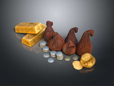 Intricate Sculpture Carving Featuring Gold Bars Money Bags Coins and Gold Nuggets 3d model