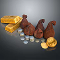 Intricate Sculpture Carving Featuring Gold Bars Money Bags Coins and Gold Nuggets