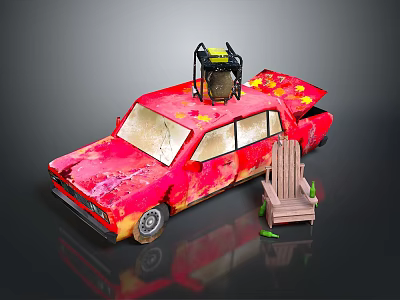 Red Worn Car With Equipment On Roof And Wooden Chair Nearby Debris 3d model