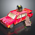 Red Worn Car With Equipment On Roof And Wooden Chair Nearby Debris