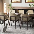 Dining Table Set with Wooden Top Beige Chairs Green Plants and Area Rug