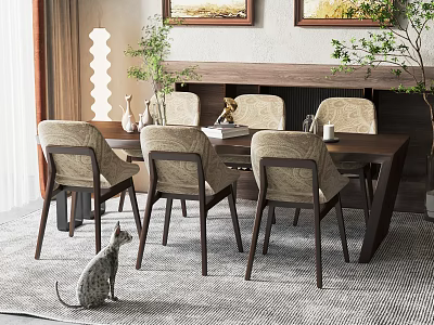Dining Table Set with Wooden Top Beige Chairs Green Plants and Area Rug 3d model
