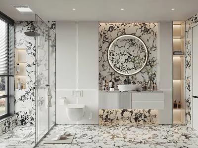 Elegant Modern Bathroom Marble Wall Round Mirror White Toilet Glass Shower Marble Floor Wall Cabinets 3d model