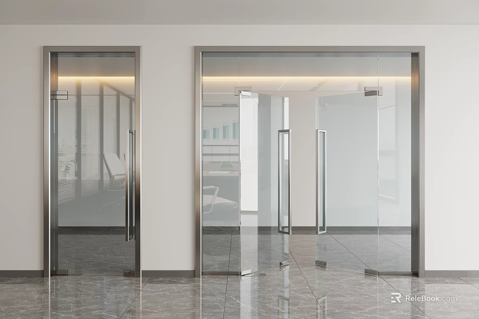 Modern Glass Swing Doors With Metal Frames In Office Interior Design 3d model