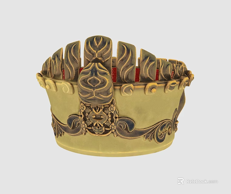 Golden Carved Crown With Leaf Shaped Decorations And Central Ornamental Design 3d model 