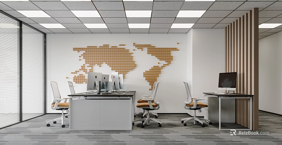 Modern Conference Room With World Map Wall Decor Computers And Office Workstations 3d model