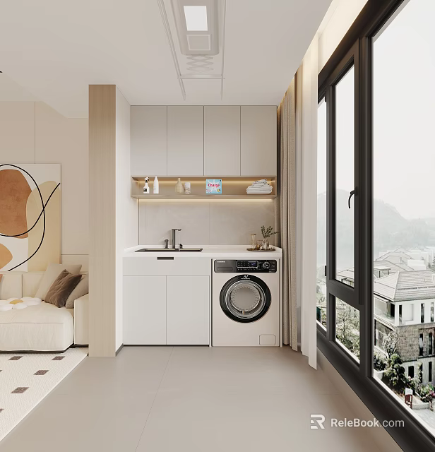 Modern Home Balcony With Washing Machine Storage Cabinets And Large Glass Windows 3d model 