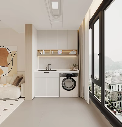 Modern Home Balcony With Washing Machine Storage Cabinets And Large Glass Windows 3d model
