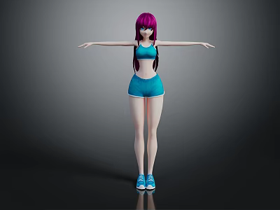 3D Character With Purple Hair Blue Sportswear Shorts And Sneakers Arms Outstretched 3d model