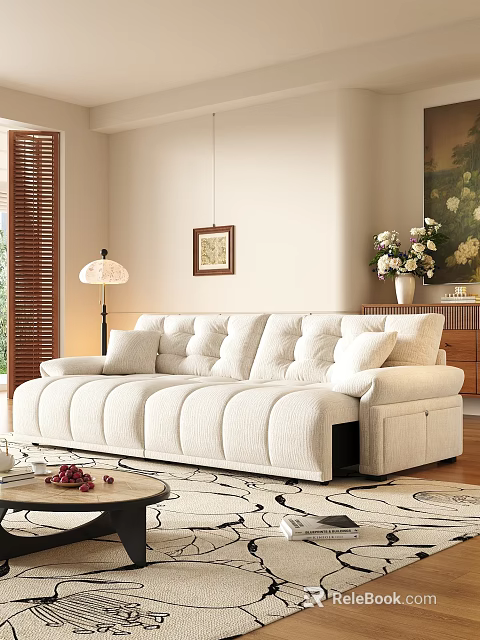 Modern L Shaped Fabric Sofa and Round Coffee Table Set with Cushions and Flowers 3d model 