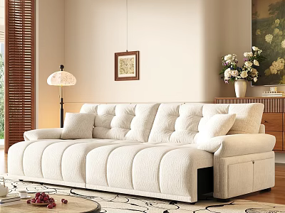 Modern L Shaped Fabric Sofa and Round Coffee Table Set with Cushions and Flowers 3d model