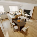 Bright Warm Minimalist Living And Dining Room With Large Windows And Cozy Soft Furnishings