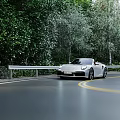 Silver Porsche Convertible Front View on Road with Yellow Lines and Green Trees