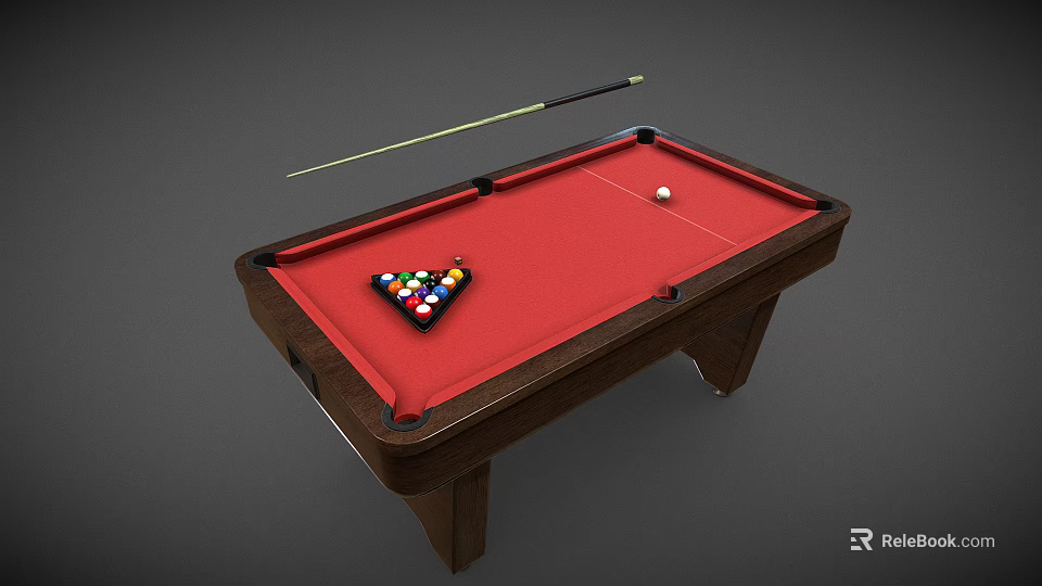 Premium Billiard Table with Red Cloth Colored Balls Triangle Arrangement and Cue Stick 3d model 