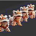 Red White Lion Dance Figurines With Ornate Details On Black Reflective Surface