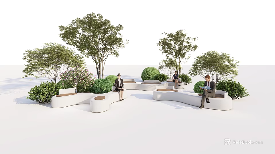 Modern Curved Landscape Seats In Outdoor Setting With Trees And Shrubs 3d model 