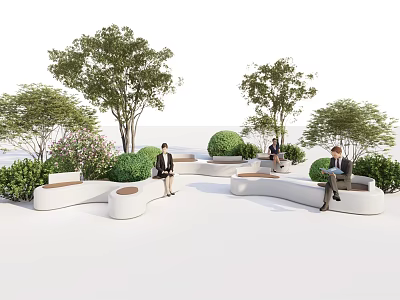 Modern Curved Landscape Seats In Outdoor Setting With Trees And Shrubs 3d model