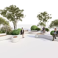 Modern Curved Landscape Seats In Outdoor Setting With Trees And Shrubs