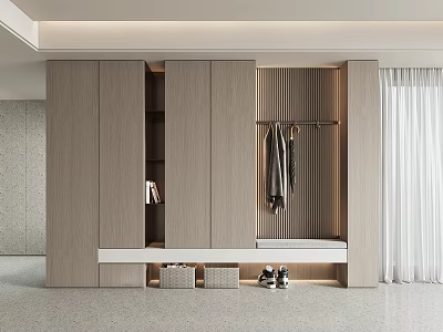 Modern Light Wood Shoe Cabinet Design With Hanging Rack Bench And Storage Baskets 3d model