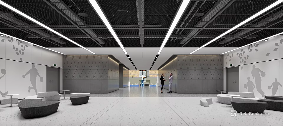 Modern Elevator Lobby With Geometric Walls Ceiling Lights And People 3d model 