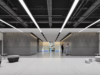 Modern Elevator Lobby With Geometric Walls Ceiling Lights And People 3d model