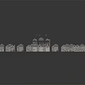 Small Building Models With Blue Roofs And White Walls Arranged On Gray Background For