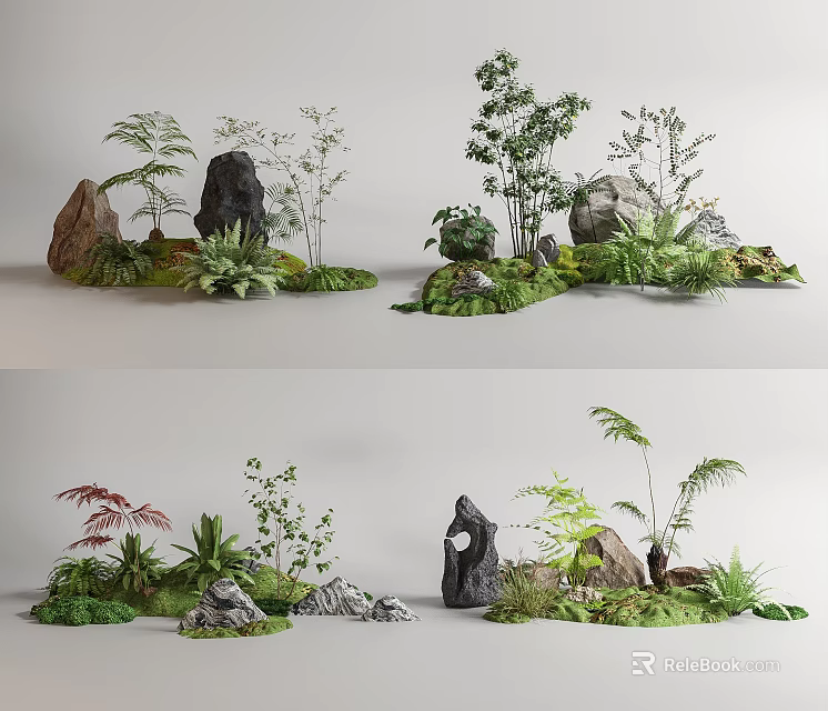 Diverse Decorative Plant Combinations With Green Foliage Rocks And Natural Elements 3d model 