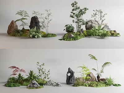 Diverse Decorative Plant Combinations With Green Foliage Rocks And Natural Elements 3d model