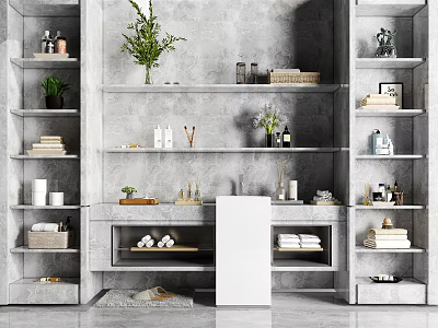 Modern Bathroom Accessories Organized on Concrete Shelves with Towels Toiletries and Green Plants 3d model