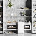 Modern Bathroom Accessories Organized on Concrete Shelves with Towels Toiletries and Green Plants