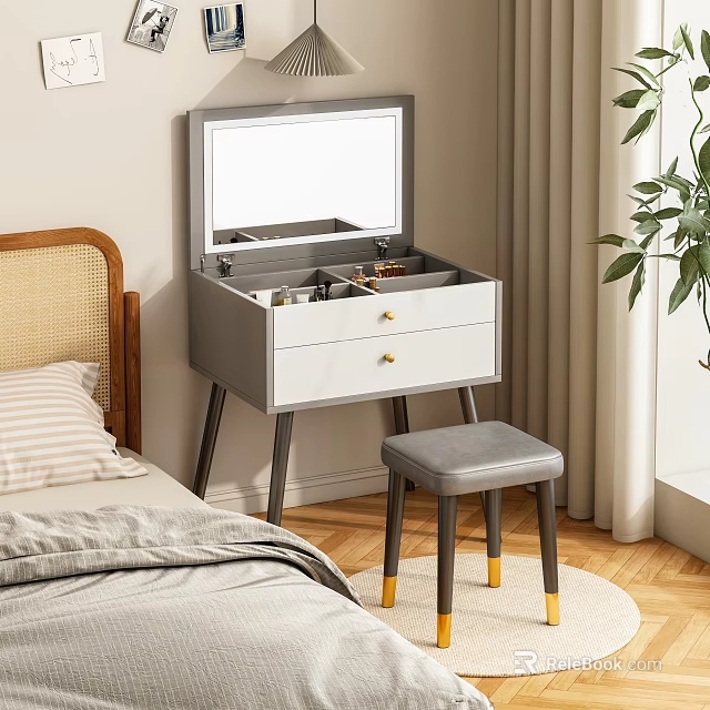 Modern Gray and White Dressing Table with Mirror Drawers and Stool in Bedroom 3d model 