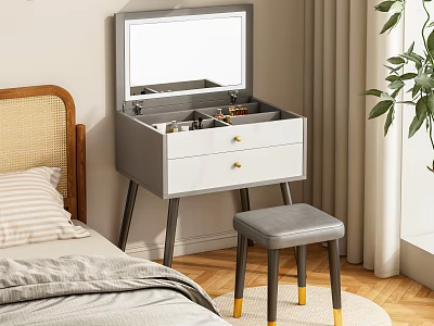 Modern Gray and White Dressing Table with Mirror Drawers and Stool in Bedroom 3d model