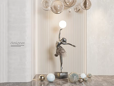 Elegant Ballet Dancer Metal Sculpture Carving with Decorative Balls Pendant Lights and Striped Wall 3d model