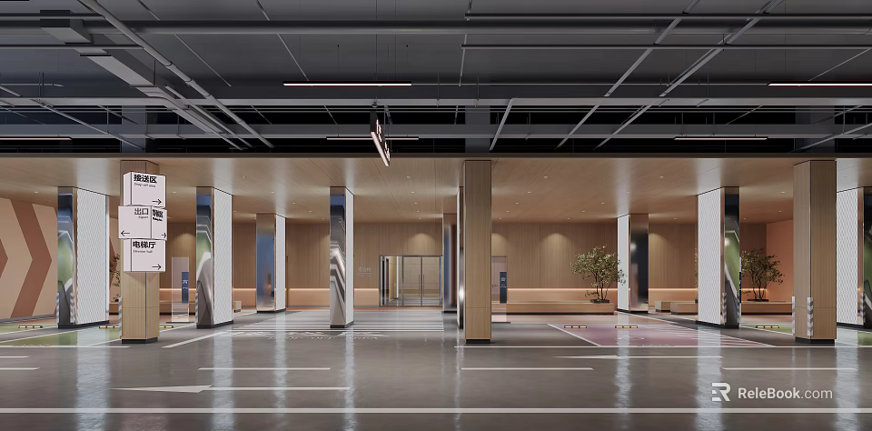 Modern Parking Garage Interior Design With Columns Lighting Entrance And Plants 3d model 