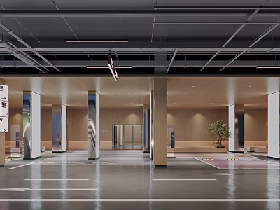 Modern Parking Garage Interior Design With Columns Lighting Entrance And Plants 3d model