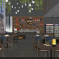 Modern Restaurant Interior With Hanging Pendant Lights Green Plants Wooden Tables And Product Shelves