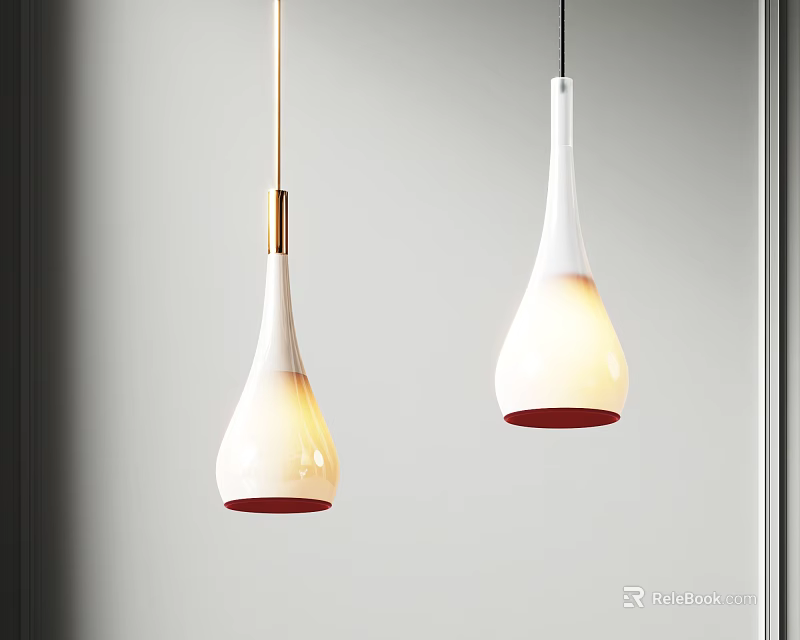 Modern Teardrop Shaped Pendant Lights with White Shade Red Base and Warm Glow 3d model
