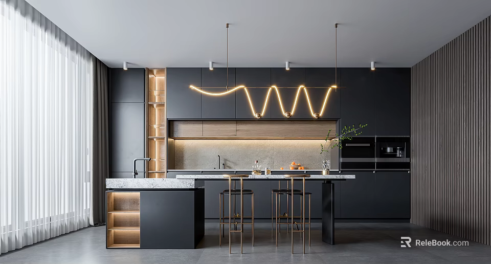 Modern Kitchen Bar Area With Black Cabinets Marble Countertop Gold Stools And Wavy LED Lights 3d model 