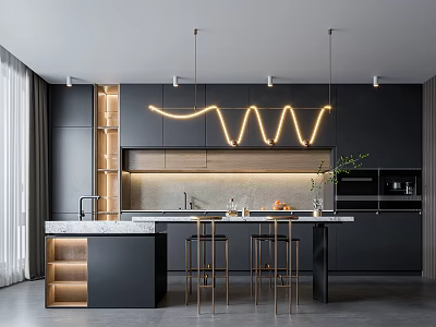 Modern Kitchen Bar Area With Black Cabinets Marble Countertop Gold Stools And Wavy LED Lights 3d model