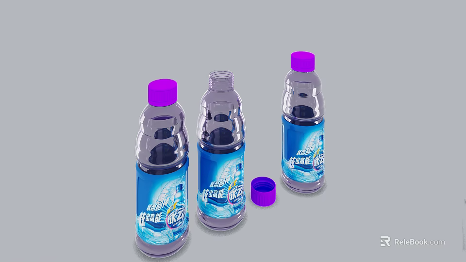 Refreshing Freeze Ice Drinks in Transparent Bottles with Purple Caps and Blue Labels 3d model 