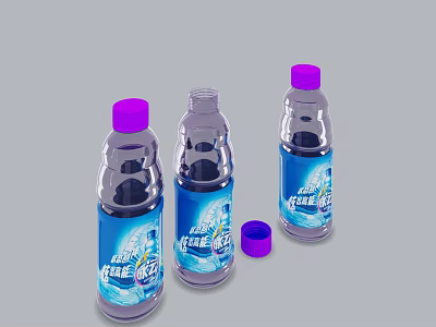 Refreshing Freeze Ice Drinks in Transparent Bottles with Purple Caps and Blue Labels 3d model
