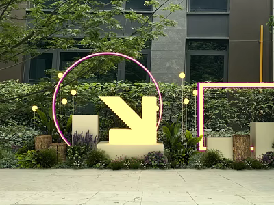 Garden Decor With Pink Neon Circle Yellow Arrow Green Plants Wooden Boxes And Small Lights 3d model