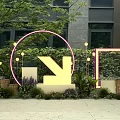 Garden Decor With Pink Neon Circle Yellow Arrow Green Plants Wooden Boxes And Small Lights