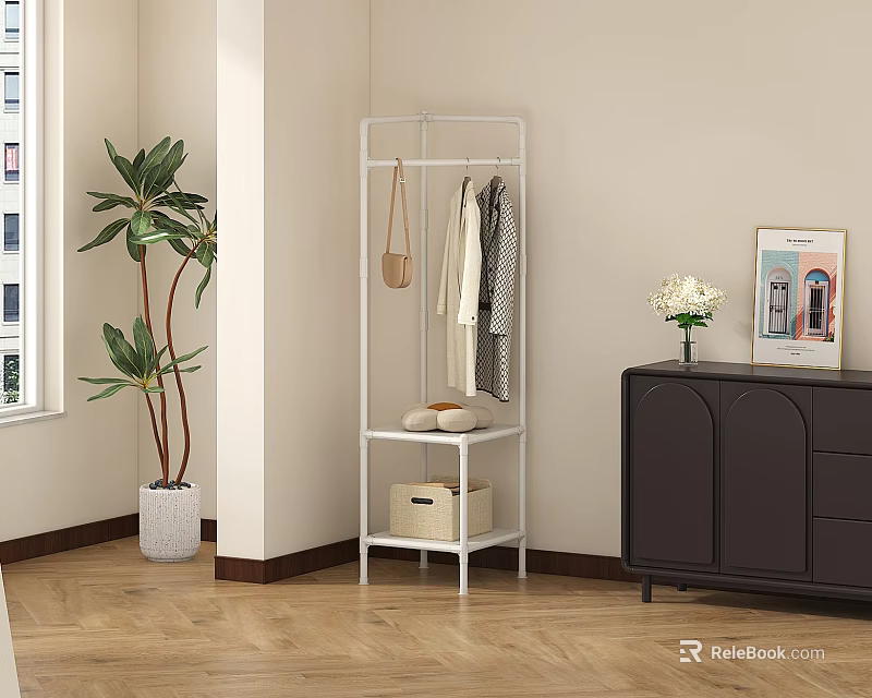White Clothes Rack With Hanging Clothes Shoes On Shelf And Storage Box Near Window 3d model 