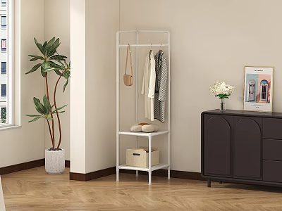 White Clothes Rack With Hanging Clothes Shoes On Shelf And Storage Box Near Window 3d model