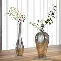 Transparent Glass Vases with Green Leaves Red Berries and White Flowers on Wooden Table